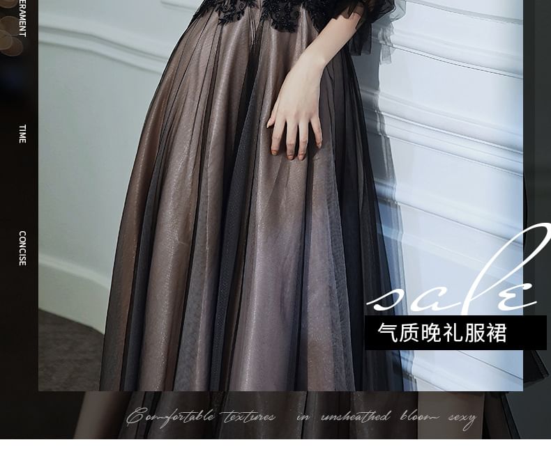 V-Neck Mesh Evening Gown A-Line