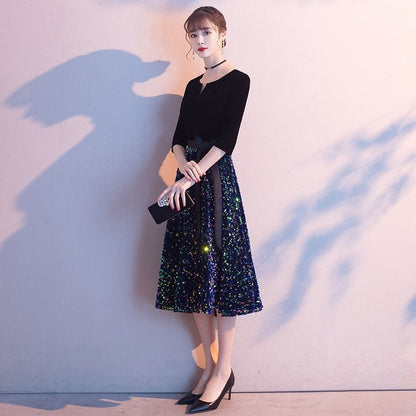 Elbow-Sleeve Sequin A-Line Evening Dress / Gown