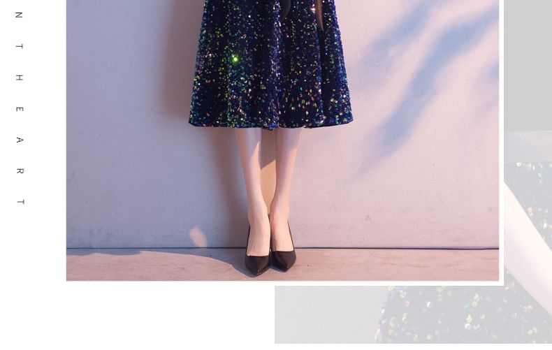 Elbow-Sleeve Sequin A-Line Evening Dress / Gown