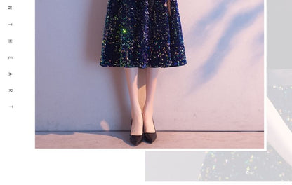 Elbow-Sleeve Sequin A-Line Evening Dress / Gown