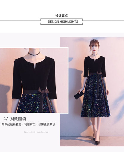 / Dress A-Line Gown Evening Sequin Elbow-Sleeve