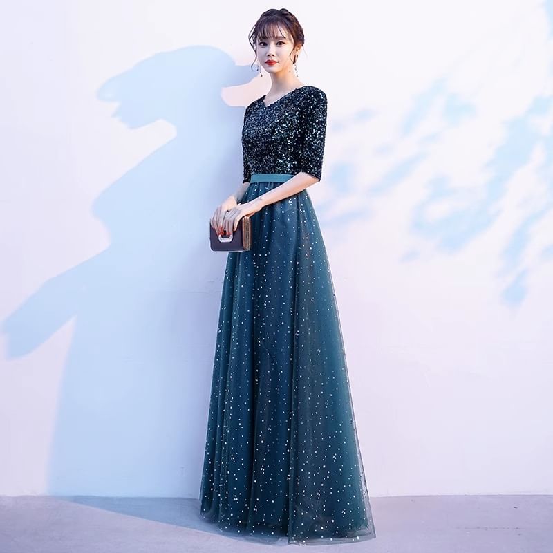 Elbow-Sleeve Evening V-Neck Gown A-Line Sequin