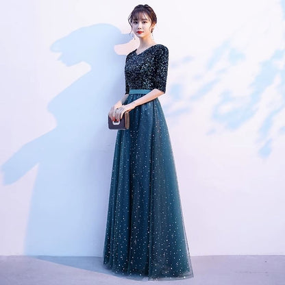 Elbow-Sleeve Evening V-Neck Gown A-Line Sequin