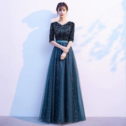 Elbow-Sleeve Evening V-Neck Gown A-Line Sequin