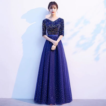 Elbow-Sleeve Evening V-Neck Gown A-Line Sequin