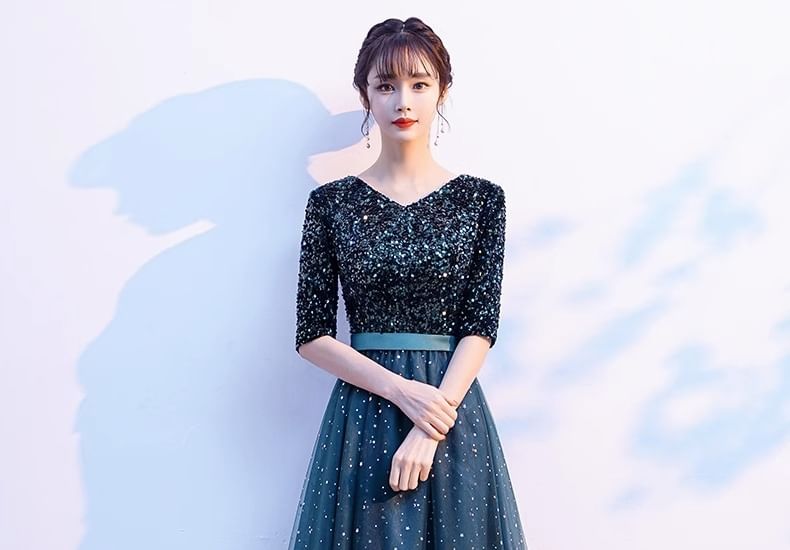 Elbow-Sleeve Evening V-Neck Gown A-Line Sequin