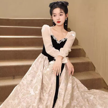 Long-Sleeve Two Tone A-Line Evening Gown
