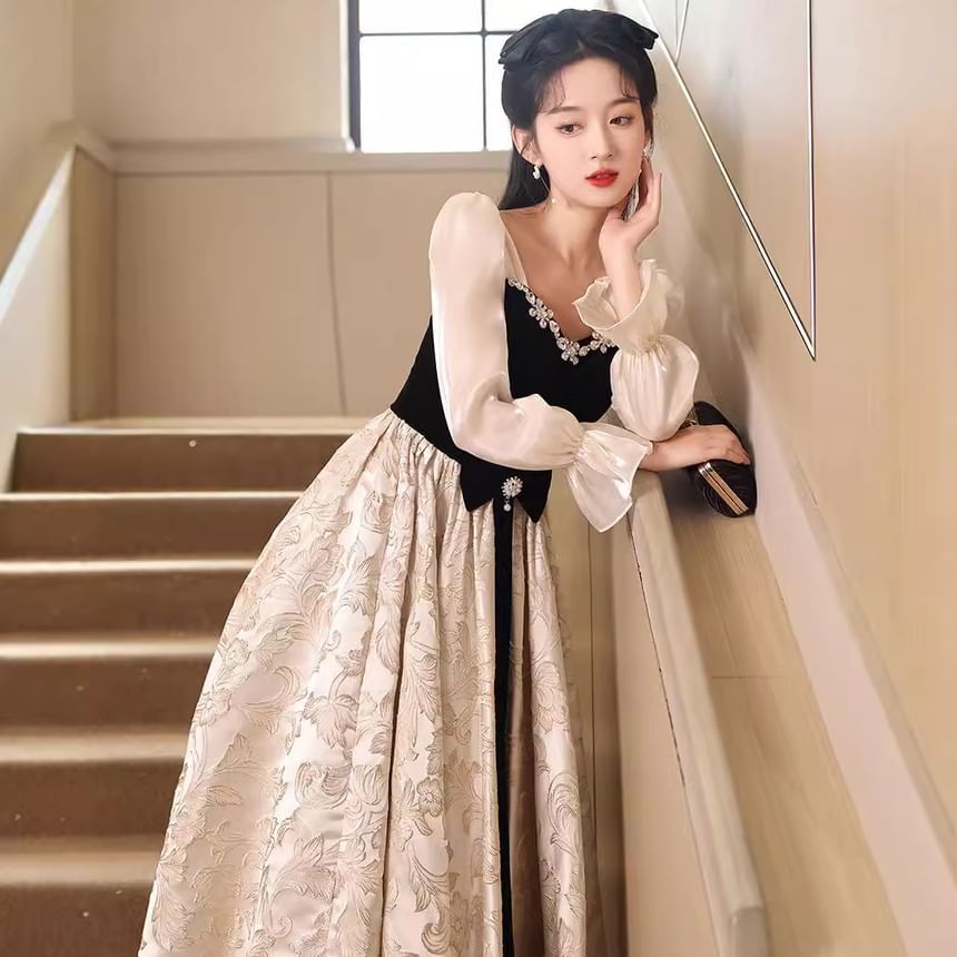 A-Line Long-Sleeve Tone Gown Evening Two