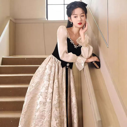 Long-Sleeve Two Tone A-Line Evening Gown