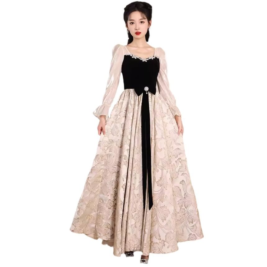 Long-Sleeve Two Tone A-Line Evening Gown