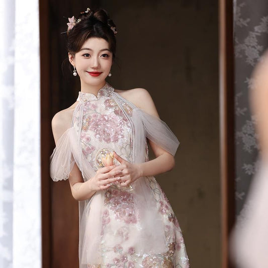 Sleeveless Floral Embroidery Sheath Evening Gown