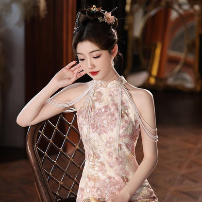 Sleeveless Floral Embroidery Sheath Evening Gown