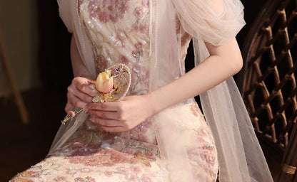 Sleeveless Floral Embroidery Sheath Evening Gown