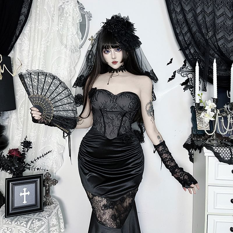 Gown Lace Strapless Panel Evening Mermaid