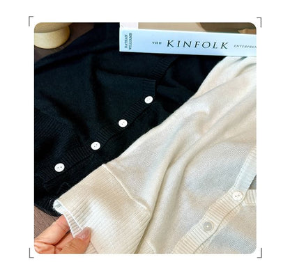 3/4-Sleeve V-Neck Button-Up Plain Sheer Crop Cardigan