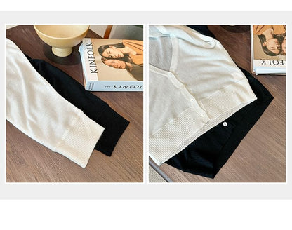 3/4-Sleeve V-Neck Button-Up Plain Sheer Crop Cardigan
