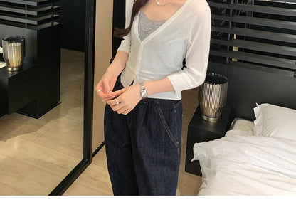 3/4-Sleeve V-Neck Button-Up Plain Sheer Crop Cardigan