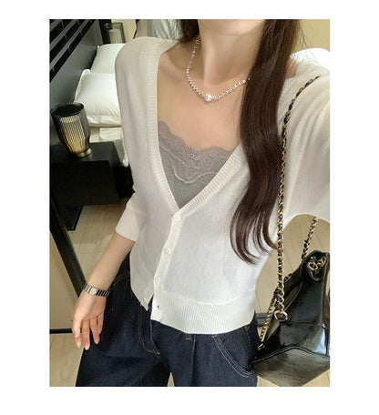 3/4-Sleeve V-Neck Button-Up Plain Sheer Crop Cardigan