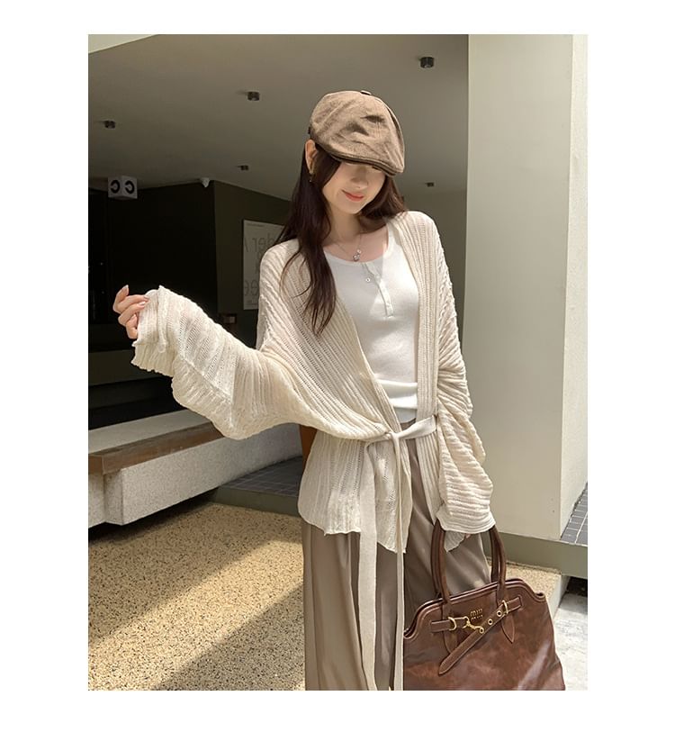 Plain Perforated Tie Waist Cardigan