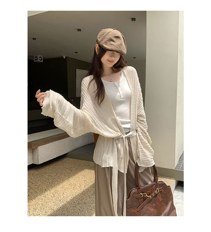 Plain Perforated Tie Waist Cardigan