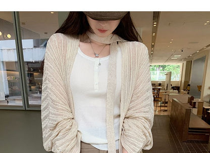Plain Perforated Tie Waist Cardigan
