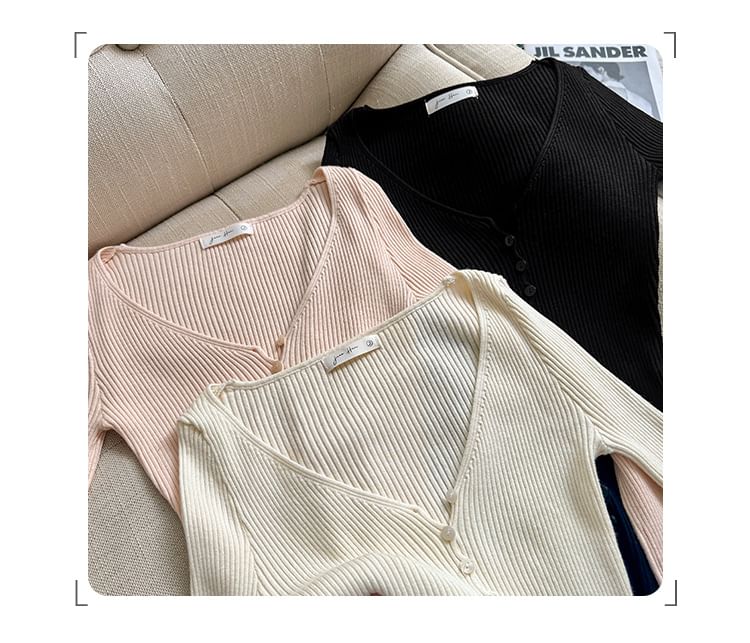 V-Neck Lettuce Edge Button-Up Plain Cardigan