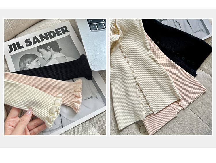 V-Neck Lettuce Edge Button-Up Plain Cardigan