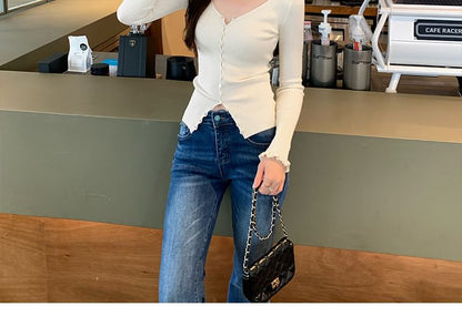 V-Neck Lettuce Edge Button-Up Plain Cardigan
