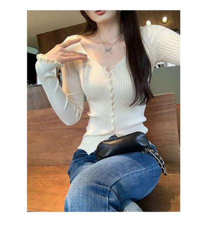 V-Neck Lettuce Edge Button-Up Plain Cardigan