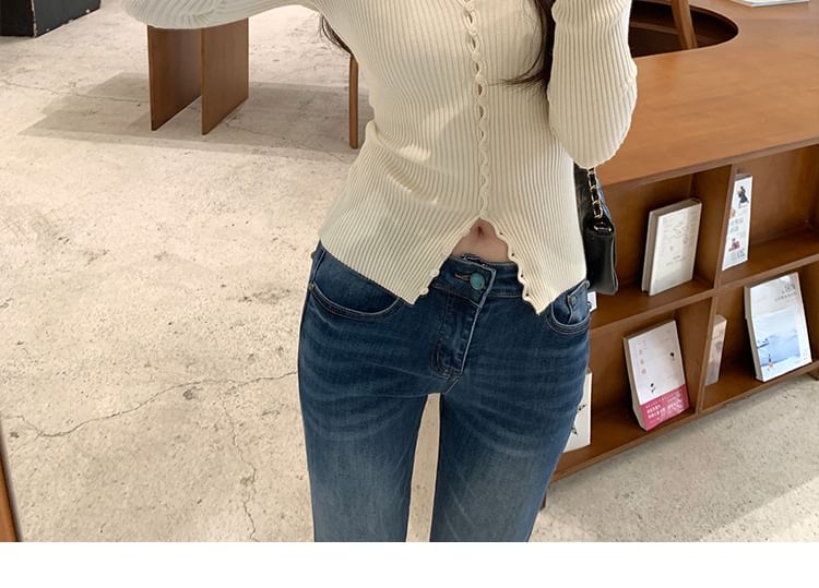 V-Neck Lettuce Edge Button-Up Plain Cardigan