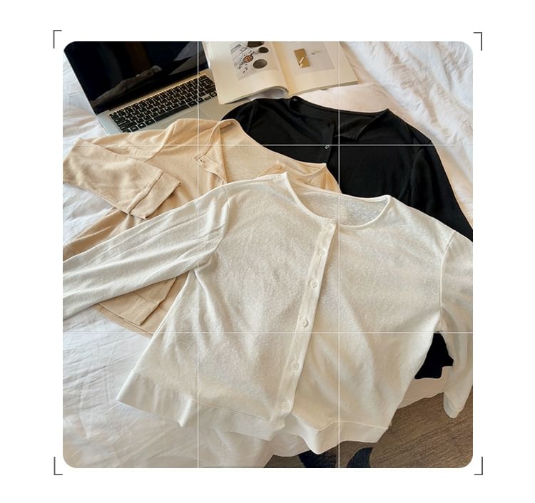 Crew Neck Button-Up Plain Cardigan