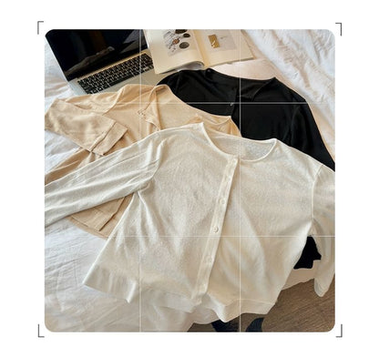 Crew Neck Button-Up Plain Cardigan