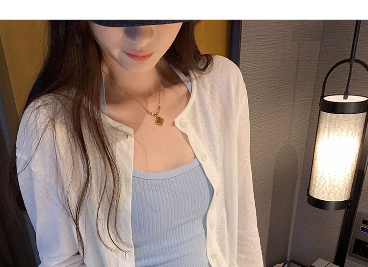 Crew Neck Button-Up Plain Cardigan