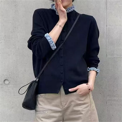 Stand Collar Two Tone Frill Cardigan