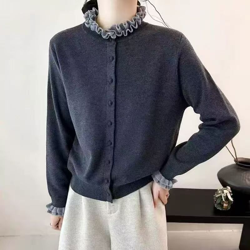 Stand Collar Two Tone Frill Cardigan
