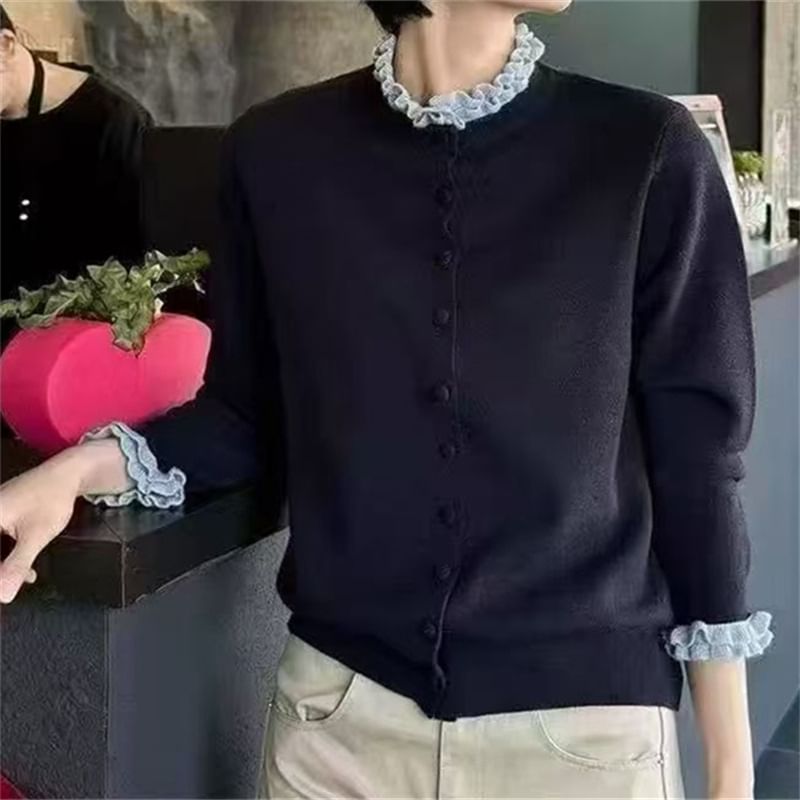 Stand Collar Two Tone Frill Cardigan