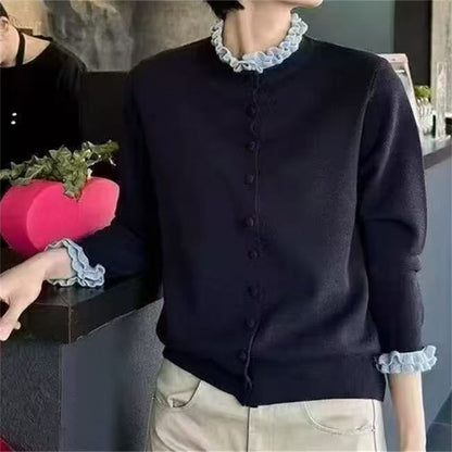 Stand Collar Two Tone Frill Cardigan