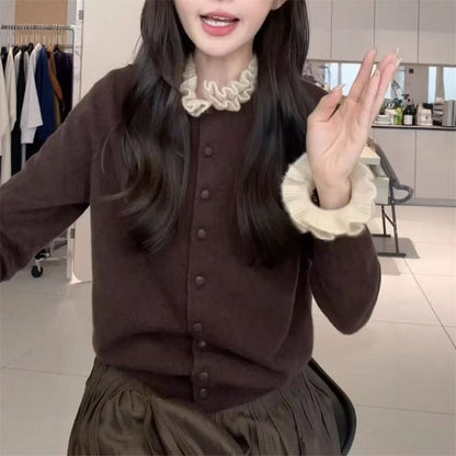 Stand Collar Two Tone Frill Cardigan