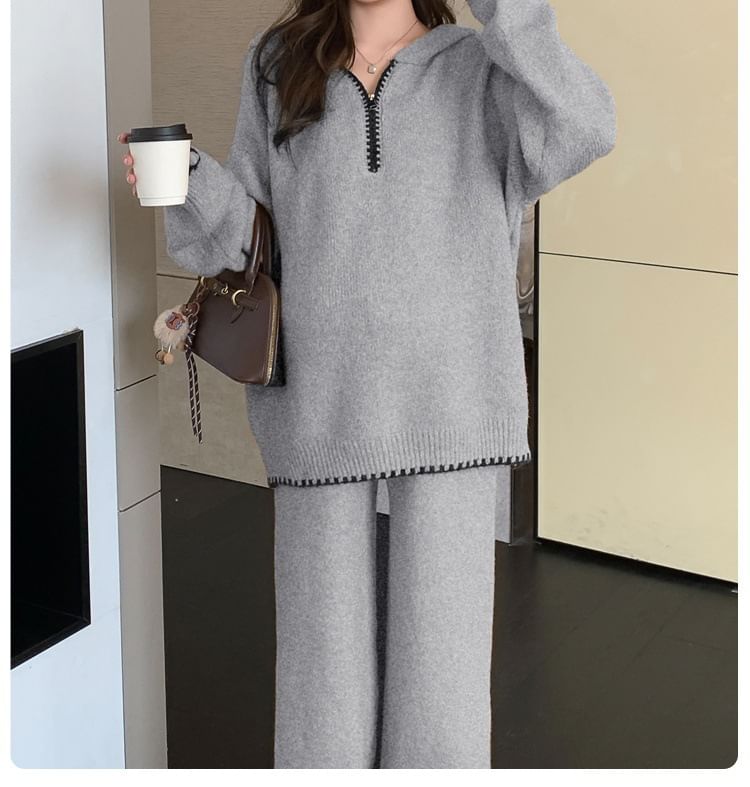 Contrast Trim Hooded Half Zip Sweater & Wide Leg Knit Pants Set