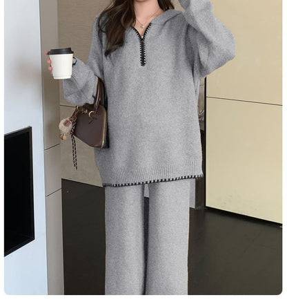 Contrast Trim Hooded Half Zip Sweater & Wide Leg Knit Pants Set
