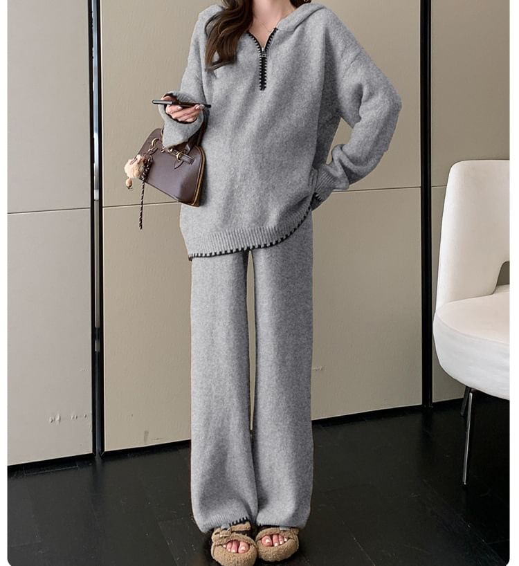 Contrast Trim Hooded Half Zip Sweater & Wide Leg Knit Pants Set