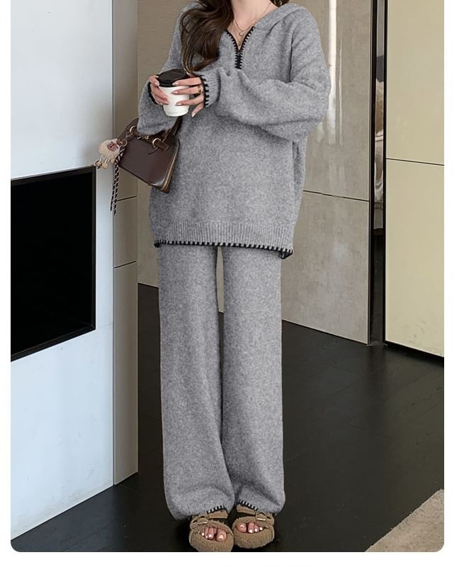 Contrast Trim Hooded Half Zip Sweater & Wide Leg Knit Pants Set
