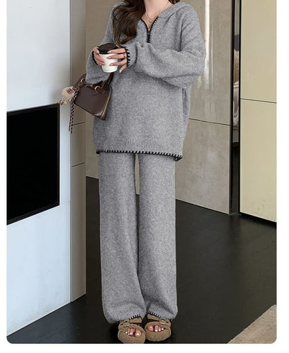 Contrast Trim Hooded Half Zip Sweater & Wide Leg Knit Pants Set