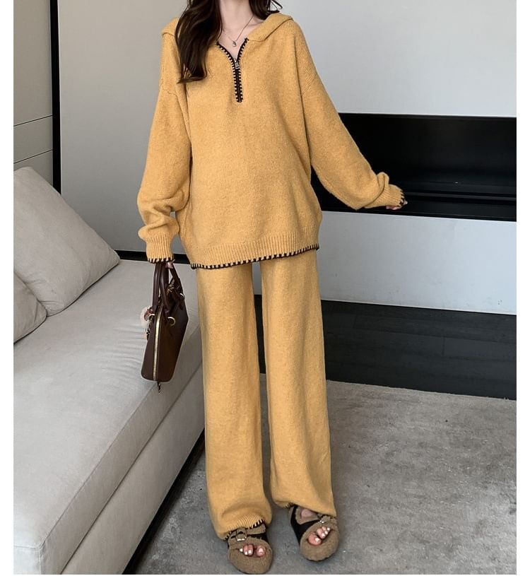 Contrast Trim Hooded Half Zip Sweater & Wide Leg Knit Pants Set