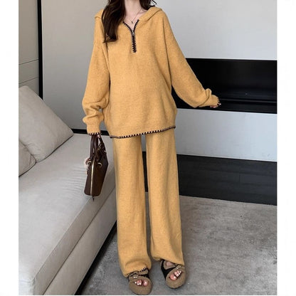 Contrast Trim Hooded Half Zip Sweater & Wide Leg Knit Pants Set