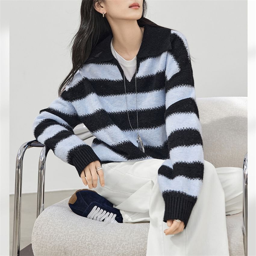 Striped Collared V-Neck Pullover Sweater