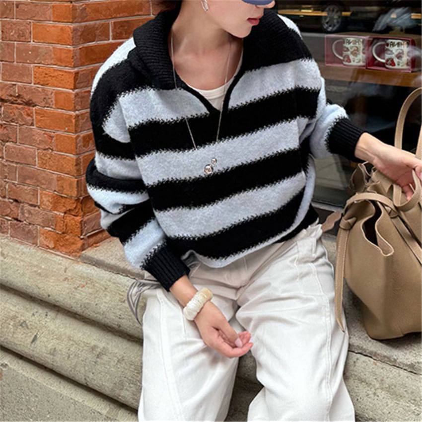Striped Collared V-Neck Pullover Sweater