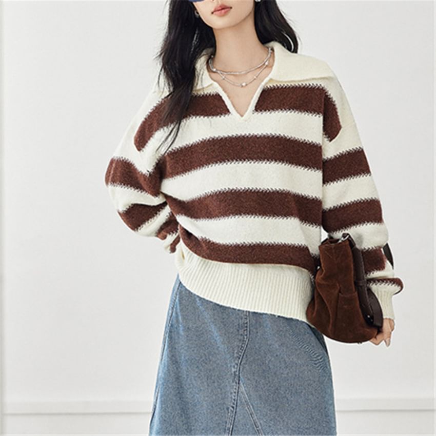 Striped Collared V-Neck Pullover Sweater