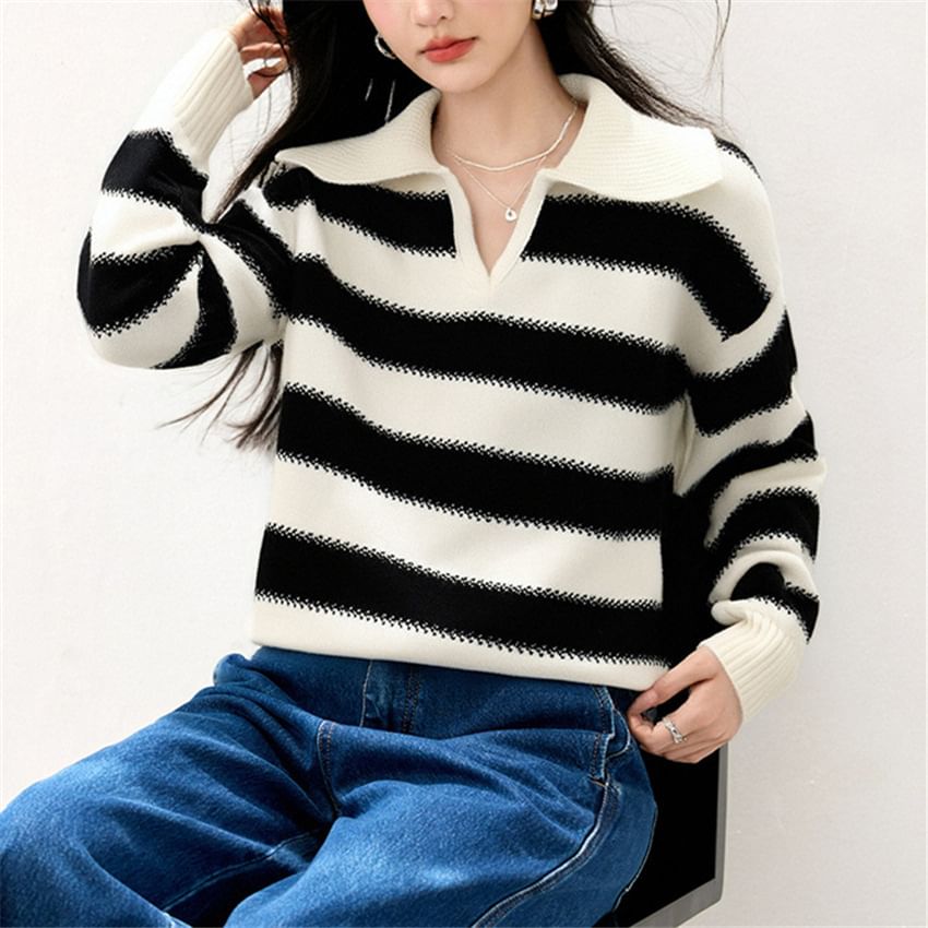 Striped Collared V-Neck Pullover Sweater