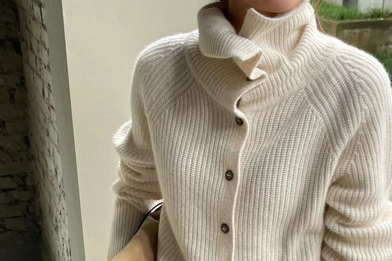 Stand Collar Plain Ribbed Cardigan